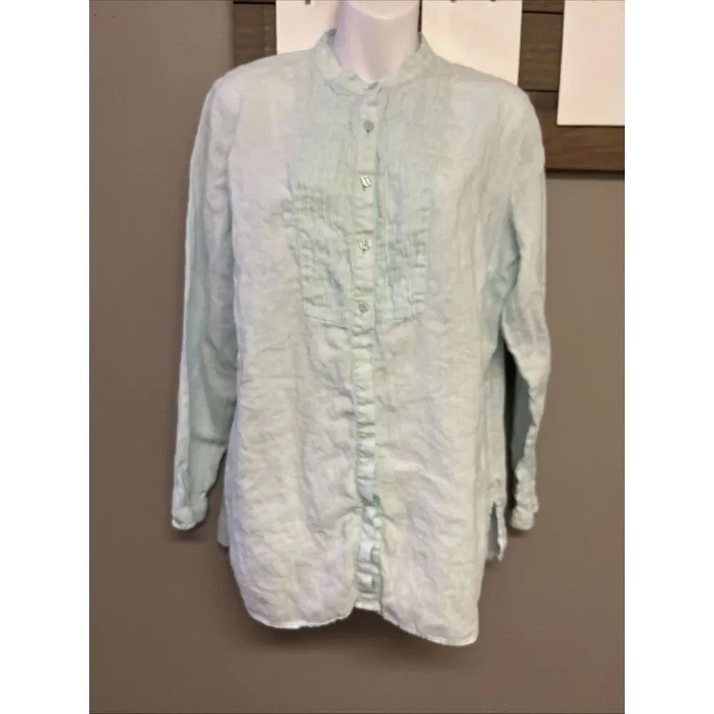 LL BEAN Linen Light Mint Green Button Down Pleated Accents Long Sleeve Shirt-L
